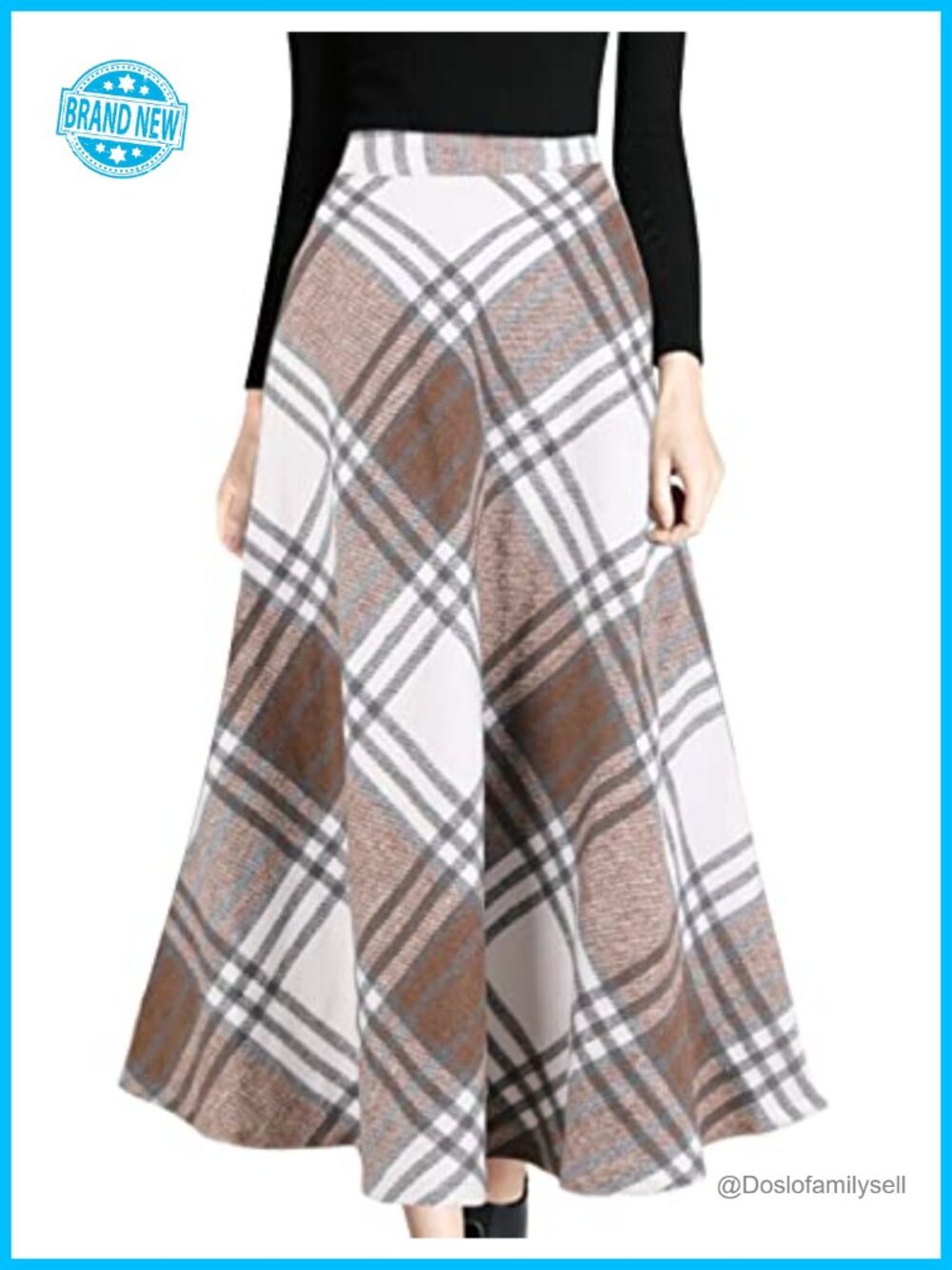 Plaid Wool A-Line Pleated Long Midi Skirt High Waist